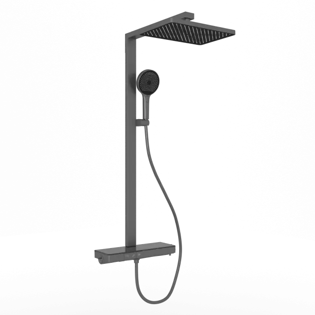 Душевая стойка SANCOS Ваш (Vos) с термостатическим смесителем, изливом, полкой, шлангом 1,5 м, верхним и ручным душем, цвет вороненая сталь, арт. SC6100GG