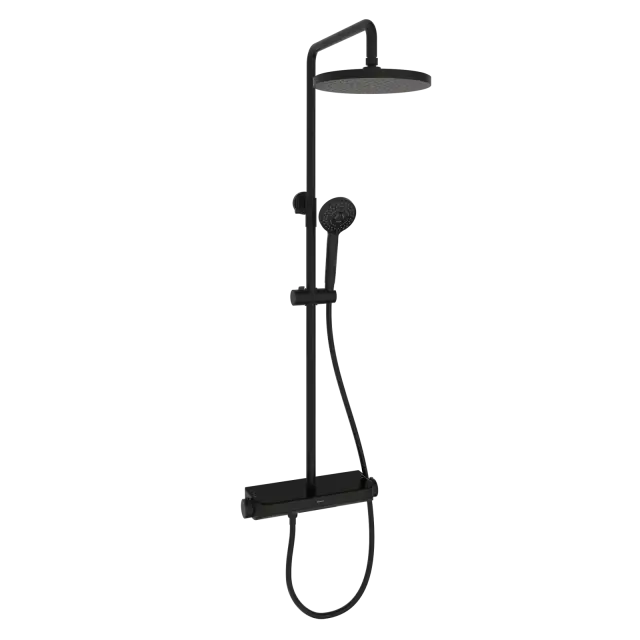 Душевая стойка Sancos Teo (Teо) c термостатом, встроенным изливом, полкой и с регулировкой по высоте штанги, цвет черный матовый, арт. SC11002MB
