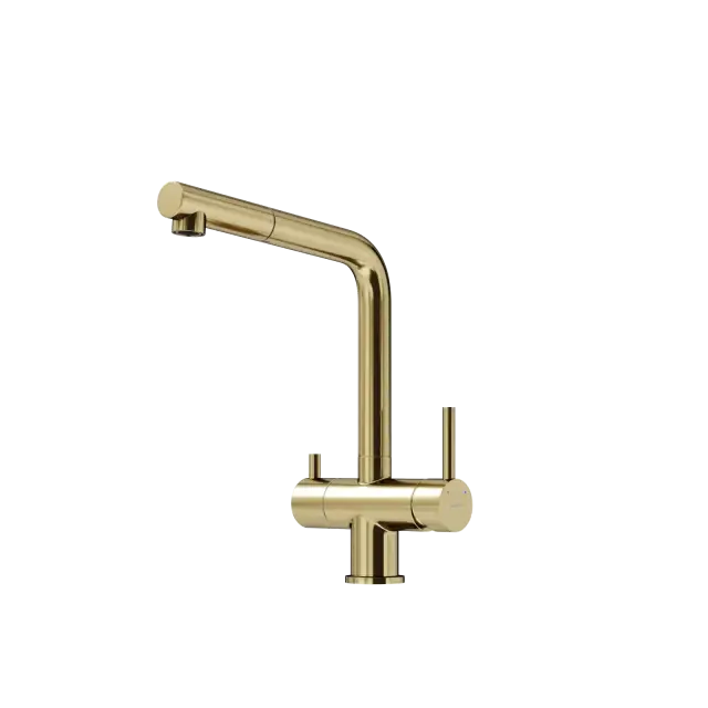 Смеситель для кухни SANCOS Спин (Spin) с поворотным и вытяжным изливом, c краном для фильтрованной воды, цвет брашированное золото, арт. SC4015BG