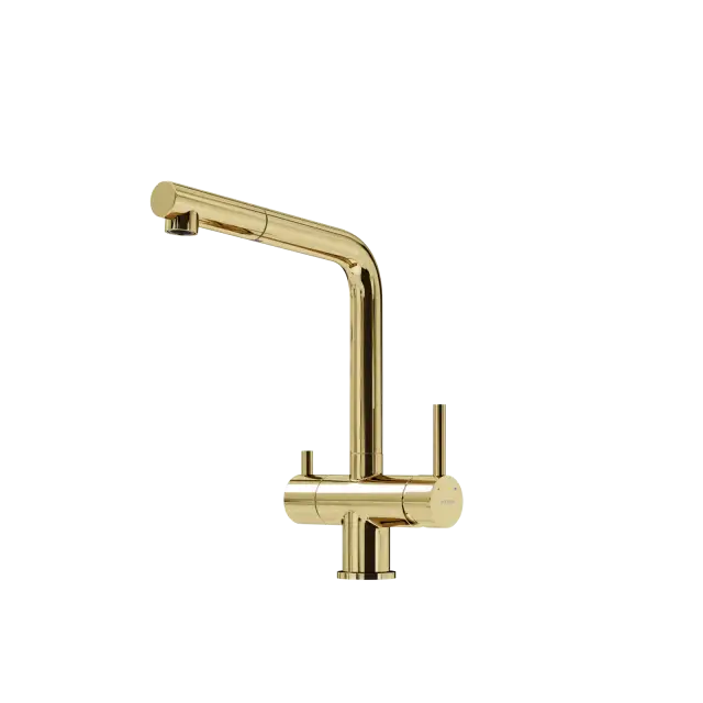 Смеситель для кухни SANCOS Спин (Spin) с поворотным и вытяжным изливом, c краном для фильтрованной воды, цвет полированное золото, арт. SC4015ZG