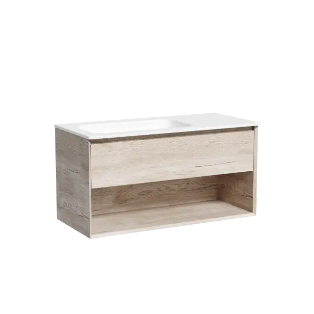 Тумба подвесная SANCOS Marmi 1.0 левая, 995х445х520, c одним ящиком оснащенным доводчиками скрытого монтажа и открытой нишей, дуб галифакс натуральный, арт. MR1.0100LEG