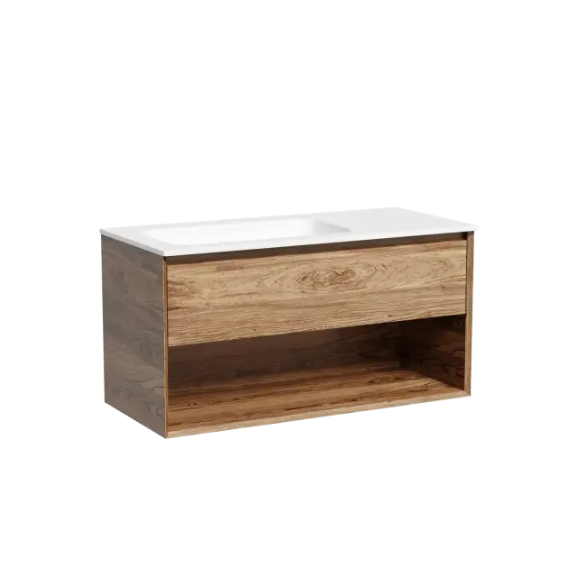 Тумба подвесная SANCOS Marmi 1.0 левая, 995х445х520, c одним ящиком оснащенным доводчиками скрытого монтажа и открытой нишей, дуб чарльстон, арт.MR1.0100LECH