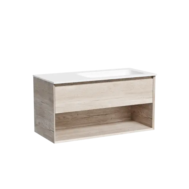 Тумба подвесная SANCOS Marmi 1.0 правая, 995х445х520, c одним ящиком оснащенным доводчиками скрытого монтажа и открытой нишей, дуб галифакс натуральный, арт. MR1.0100REG