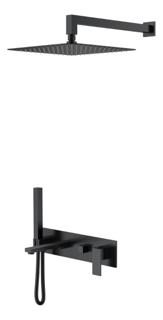 Смеситель встроенный + верхний+ ручной душ Qubic Matt Black с изливом