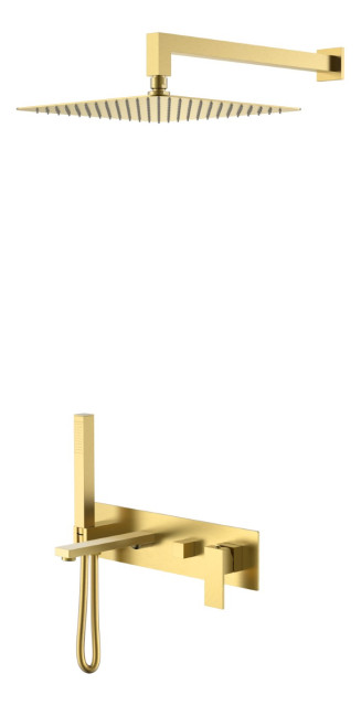Смеситель встроенный + верхний+ ручной душ Qubic Matt Gold с изливом